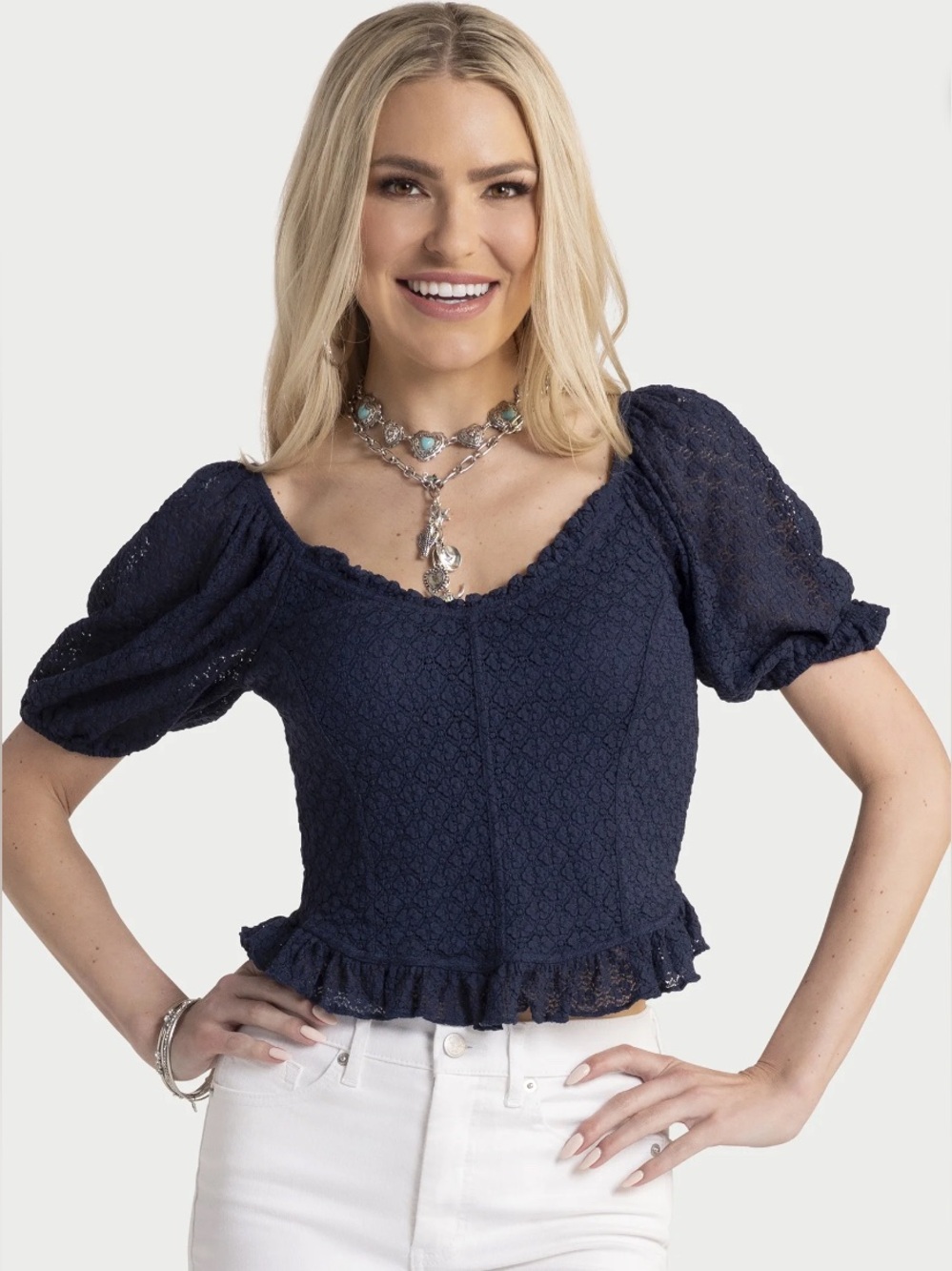 Jessica Simpson Women’s Navy Lace Puff-Sleeve Top Sz XS